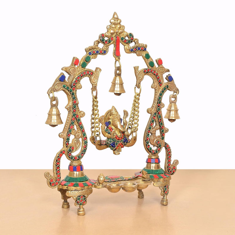 Brass Ganesha Playing On Swing Idol (Height 14 Inch) (Multicolor 1)