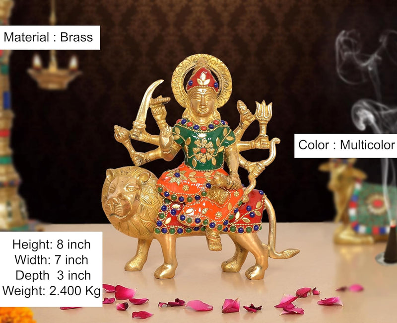 Brass Durga Maa with Lion Idol (Height: 8 inch)