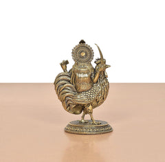 Bronze Bahuchara Mata idol rear view, ornate headdress with rooster beside on base