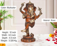 Multicolor brass Dancing Ganesha figurine, 12 inch, ornate base