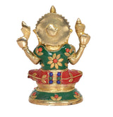 Back view brass Lord Ganesha idol, green top with floral medallions and red skirt