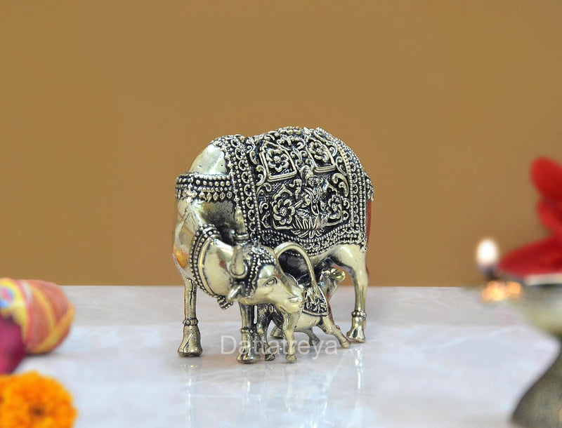 Bronze Cow with Calf for Pooja Mandir Home Templ Decor and Car Dashboard (Height 3 Inch)