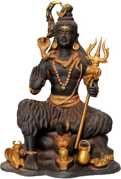 Lord Shiva deity figurine seated, holding trident and raised hand, ornate gold accents