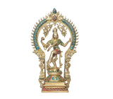 AONA brass Natraj Shiva dancing idol, multicolor details, teal halo, decorative crown