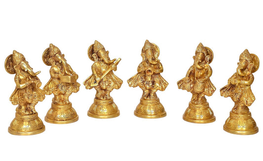 Brass Musical Ganesha Idol |Set of Six| for Home Decor and Pooja Mandir Temple (Height 6 Inch)