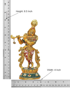 Metal Lord Krishna sculpture with size guide: height 8.5 in, width 4 in