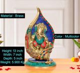Brass Ganesha conch murti with blue mosaic back and multicolor jeweled inlay, seated