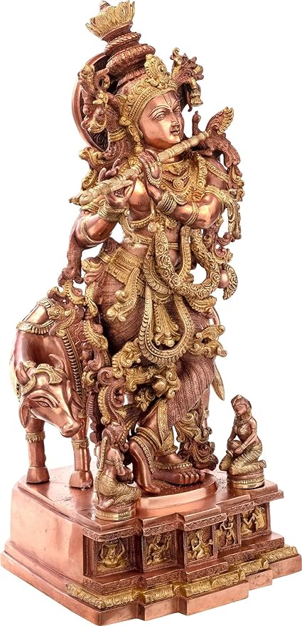 Brass Krishna with a Cow (Height 28 Inch) (Copper colour)