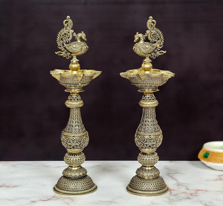 Superfine Brass Peacock On Oil Lamp - Pack of 2 | (Height 8 Inch)