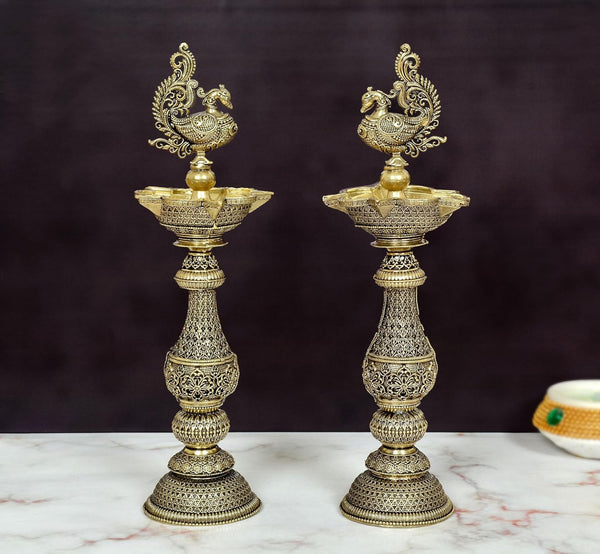 Superfine Brass Peacock On Oil Lamp - Pack of 2 | (Height 8 Inch)