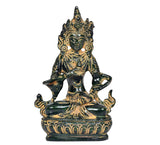 Tara Devi brass goddess figurine, front view, ornate crown and jewelry, dark green/gold