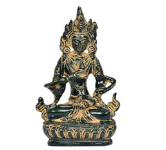 Tara Devi brass goddess figurine, front view, ornate crown and jewelry, dark green/gold