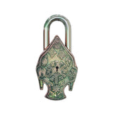 Decorative padlock with patterned green and copper finish, arched shackle