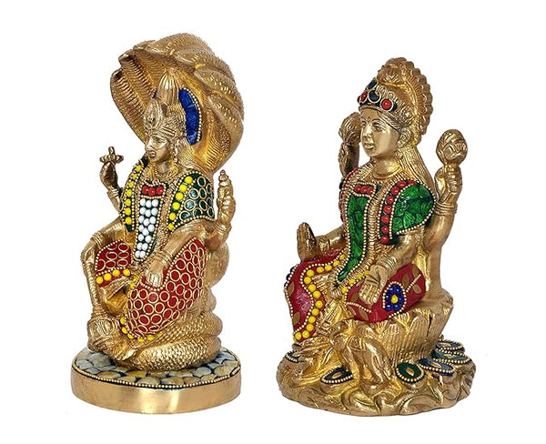 Brass Lord Sitting Vishnu Lakshmi On Shesh Naag Idol Figurine Showpiece Multicolour Height 8" Inches (Set of 2) Study Setting