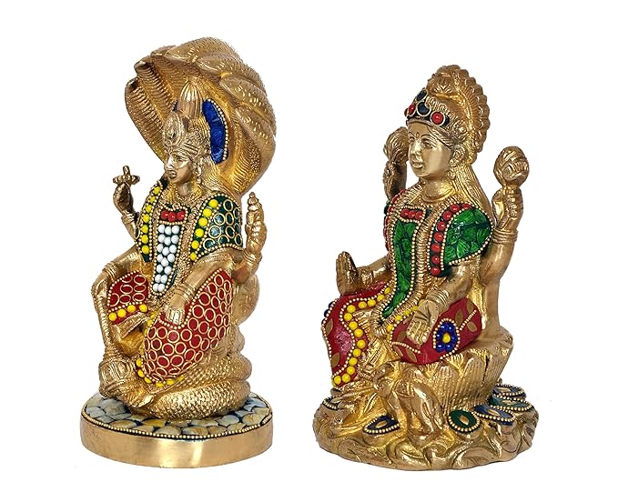 Brass Lord Sitting Vishnu Lakshmi On Shesh Naag Idol Figurine Showpiece Multicolour Height 8" Inches (Set of 2)