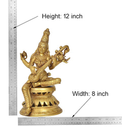 Brass Maa Saraswati statue dimensions: Height 12 in, width 8 in, seated with veena