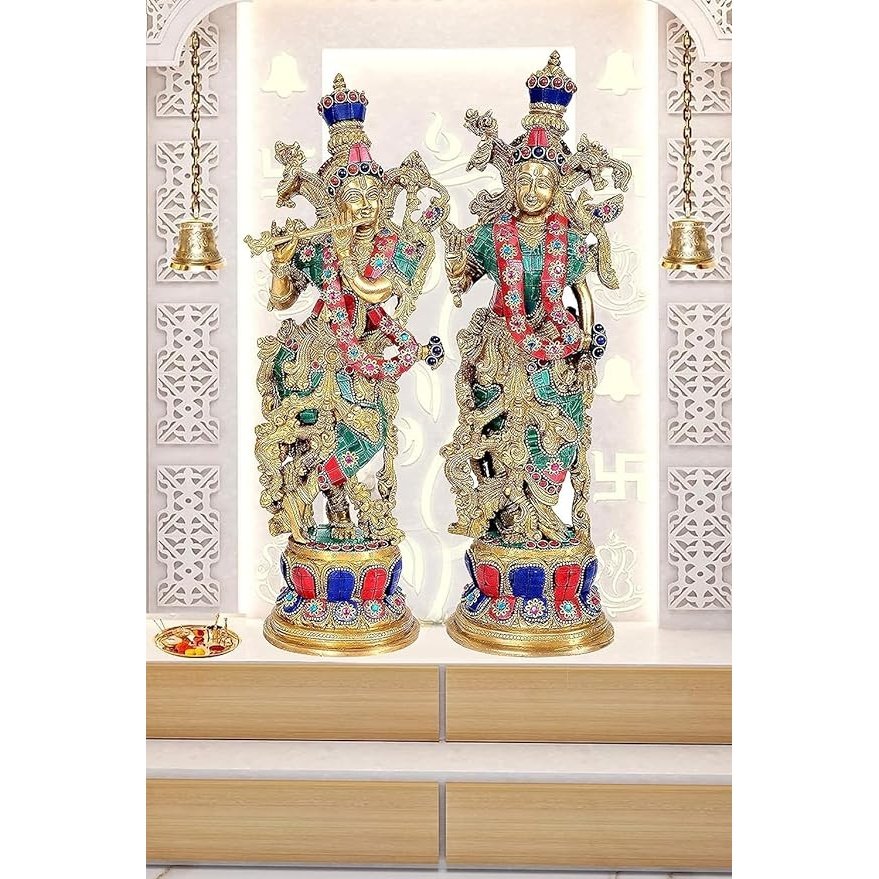 Brass Radha Krishna Statue Idol for Home Decor | Pair | Heigh : 14 Inches | Multicolor