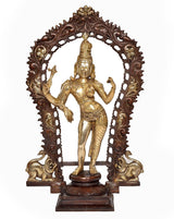 Standing Ardhanrishvara brass statue with decorative arch and pedestal base