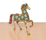 Brass running horse figurine facing right, jeweled blue, red, and green ornaments