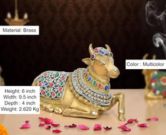 AONA 6-inch brass Nandi statue, multicolor jeweled detail on body and saddle