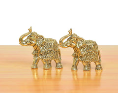 Brass elephant figurines set of 2, side angle, trunks up, engraved decorative patterns
