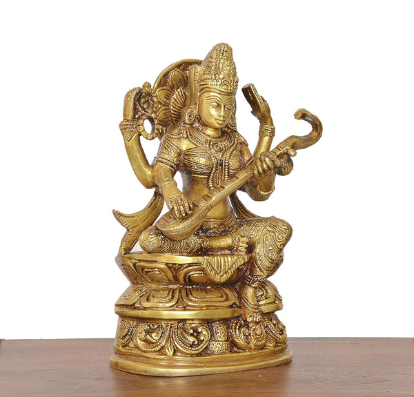 Brass Maa Saraswati Statue Handcrafted Hindu Goddess Saraswati Idol for Home Decor and Pooja (Height 8 Inch) Study Setting