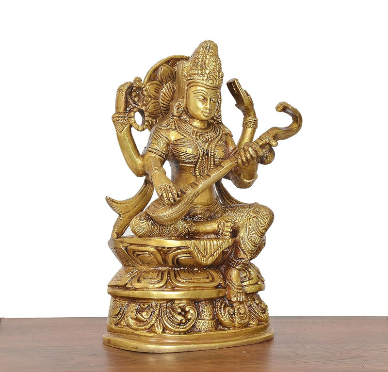 Brass Maa Saraswati Statue Handcrafted Hindu Goddess Saraswati Idol for Home Decor and Pooja (Height 8 Inch)