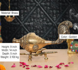 Brass conch shankh on base stand with engraved patterns and golden finial details