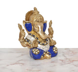 Brass Ganpati Bappa Murti, 6 inch, three-quarter view with blue-and-gold jewelry