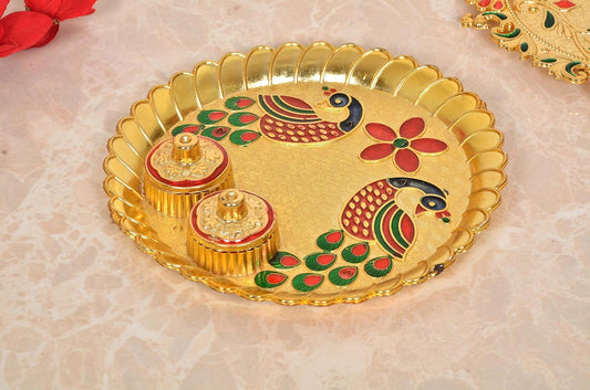 Decorative Design Gold Plated Plastic Haldi Kumkum Holder Pooja Thali and 2 Bowl For Rakhi Diwali Wedding Gifts Tilak Plate (Width 5.5 Inch) (Multicolor Pooja Thali)