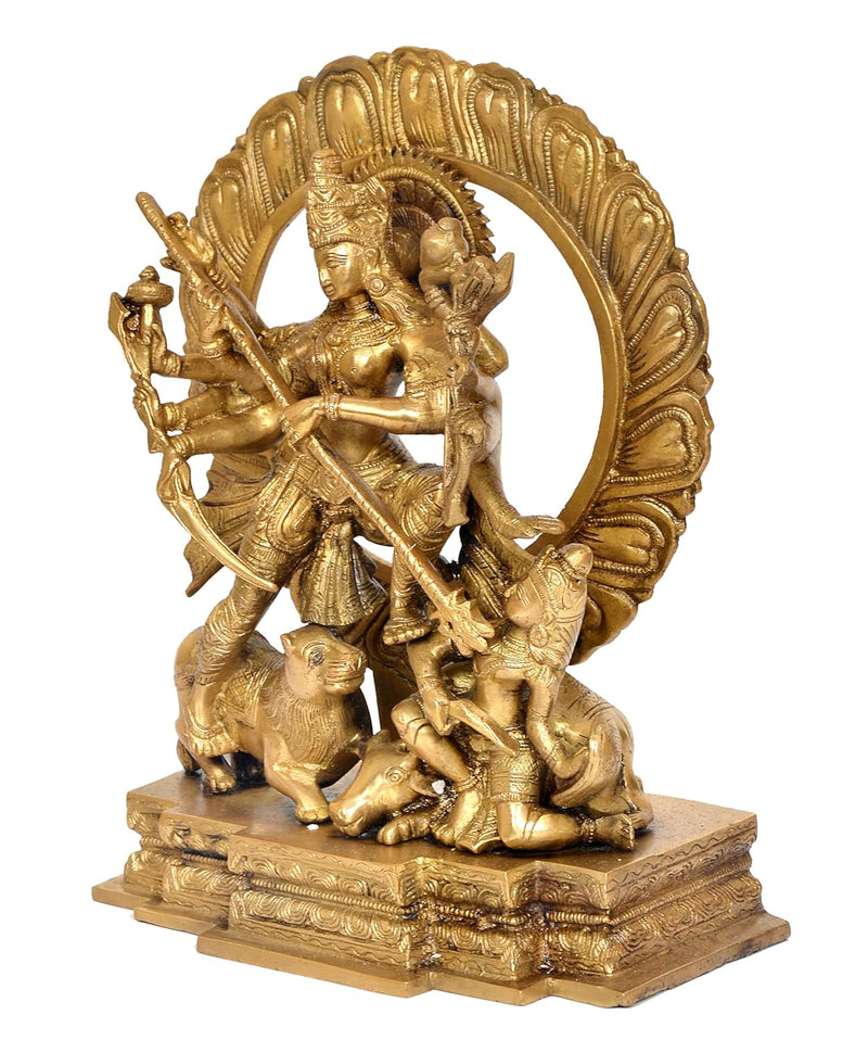 Brass Ten-Armed Mahishasuramardini Goddess Durga Idol for Home Decor Pooja Mandir Decorative Showpiece(Height 12 Inch)