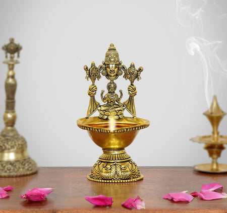 Superfine Brass Tirupati Balaji and Goddess Lakshmi Diya Oil Lamp (Height 5.5 Inch)