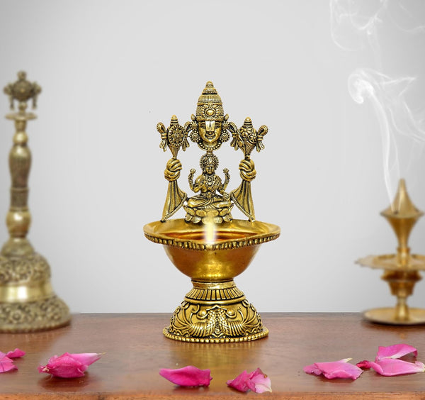 Superfine Brass Tirupati Balaji and Goddess Lakshmi Diya Oil Lamp (Height 5.5 Inch)