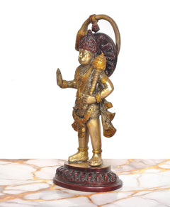 Brass Hanuman Ji side view statue with raised tail and jeweled gold outfit