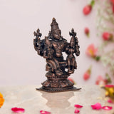 Copper Lord Vishnu with Bhudevi & Sridevi idol, angled view, detailed torso and jewelry
