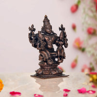 Copper Lord Vishnu with Bhudevi & Sridevi idol, angled view, detailed torso and jewelry