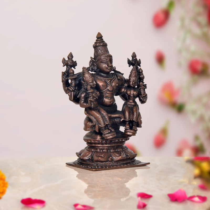 Copper Lord Vishnu with Bhudevi and Sridevi Idol Statue for Home Temple Office Mandir Decor (Height: 5 Inch)