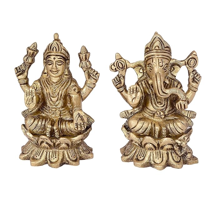 Brass Lakshmi and Ganesha idol on lotus base, seated temple statue