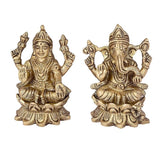 Brass Lakshmi and Ganesha idol on lotus base, seated temple statue