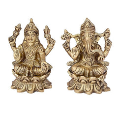 Brass Lakshmi and Ganesha idol on lotus base, seated temple statue