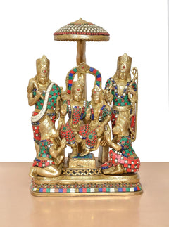 Brass Ram Darbar statue front: standing figures flanking seated deity under canopy