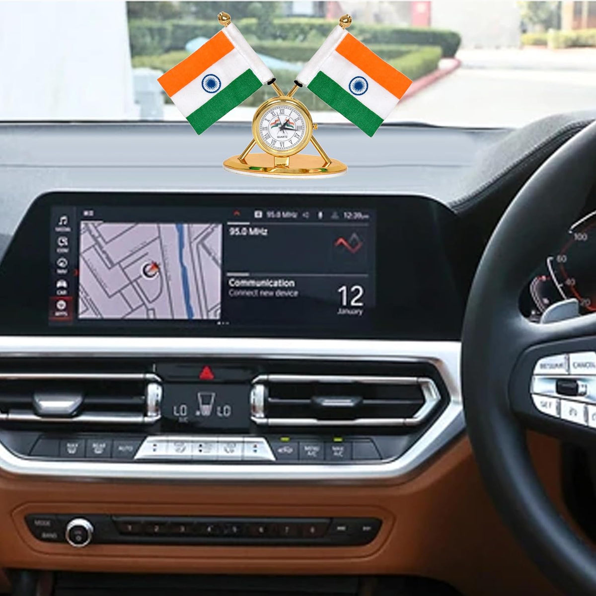 Indian flag metal car dashboard watch ornament with twin flags and round clock face