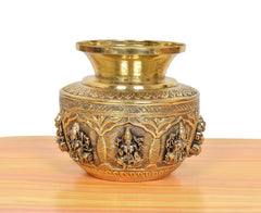 Brass decorative kalash lota, embossed Lakshmi figure in arched panels with side motifs