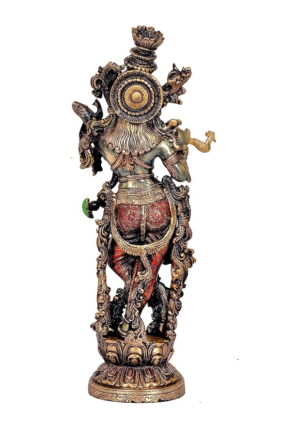 Brass Krishna Statue with Eye Work (Height: 14 inches)