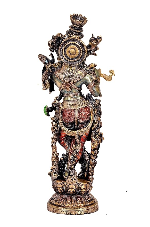 Brass Krishna Statue On Base Playing Flute Idol for Home Decor Temple | Height : 14 inches