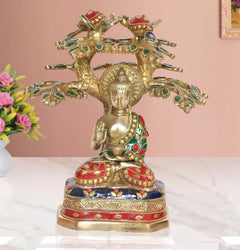 Brass Buddha tree showpiece with seated Buddha and jeweled canopy, multicolor accents