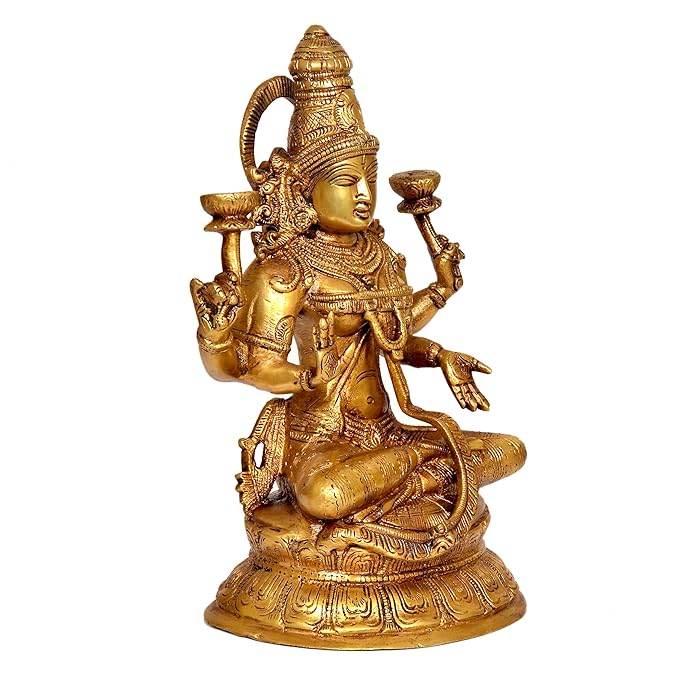 Brass Lakshmi Statue Idol On Base for Home Decor Temple | Height : 10.5 Inches (Lakshmi, 1)