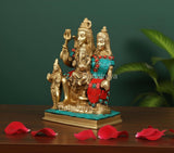 Brass Shiv Parivar idol, side view, multicolor inlay on golden base, 6-inch