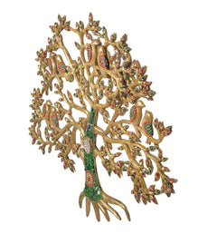 Brass Kalpavriksha wall tree side view, green trunk with multicolor oval bird details
