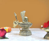 Brass Shivling figurine with Naag and Nandi, rear angle showing serpent hood